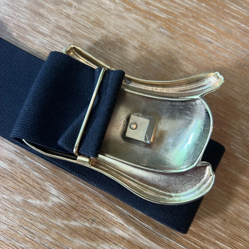 Vtg Black Elastic Cinch Belt Wide Statement Gold-tone Buckle 1980's Small